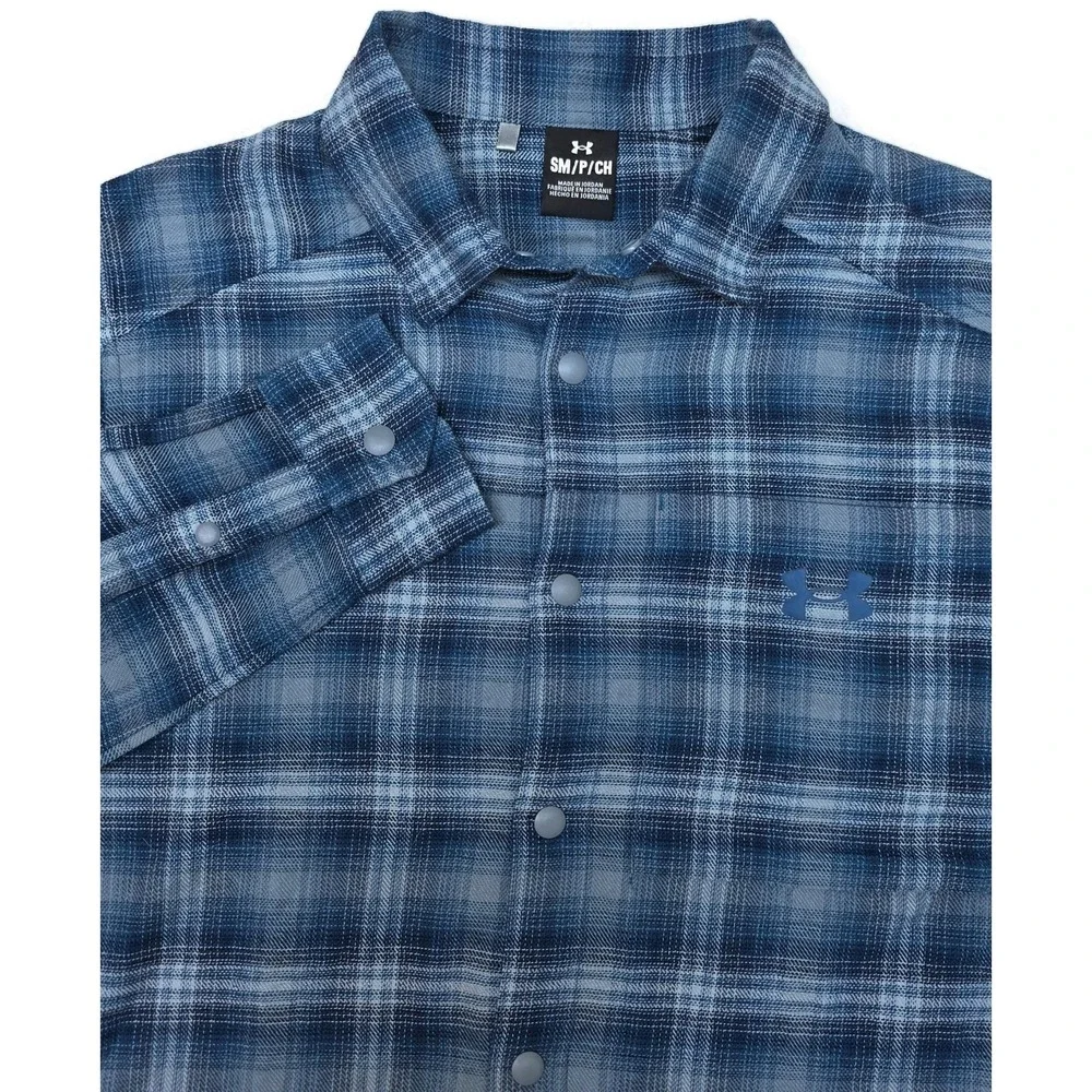 Under Armour Shirt Mens Small Blue Plaid Long Sleeve Snap Front‎ Stretch Casual